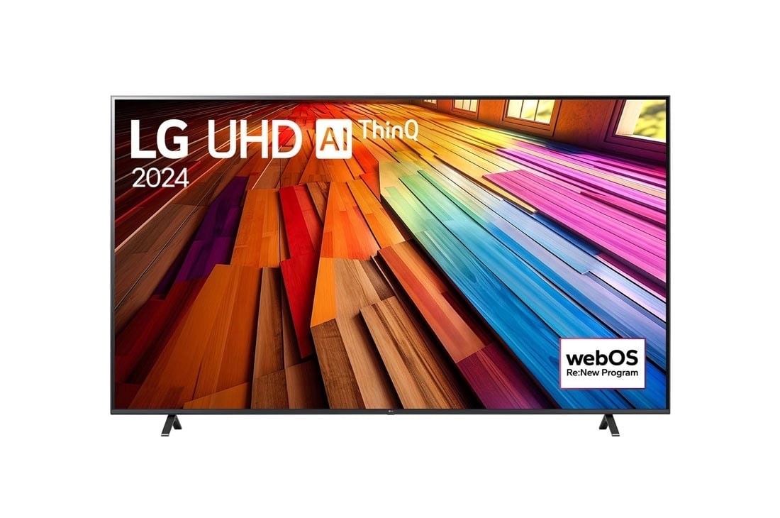 LG 86 colių LG UHD UT81 4K Smart televizorius, LG UHD TV vaizdas iš priekio, UT80 su tekstu LG UHD AI ThinQ, 2024, ir „webOS Re:New Program“ logotipas ekrane, 86UT81003LA