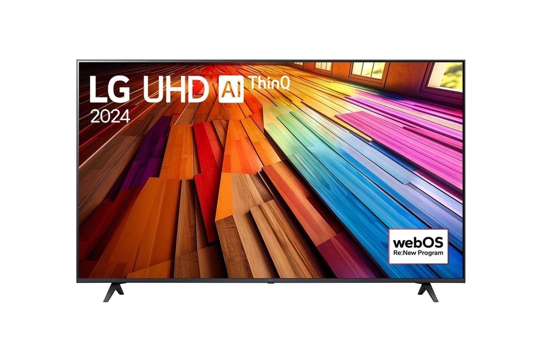 LG 65 colių LG UHD UT81 4K Smart televizorius, LG UHD TV vaizdas iš priekio, UT80 su tekstu LG UHD AI ThinQ, 2024, ir „webOS Re:New Program“ logotipas ekrane, 65UT81003LA
