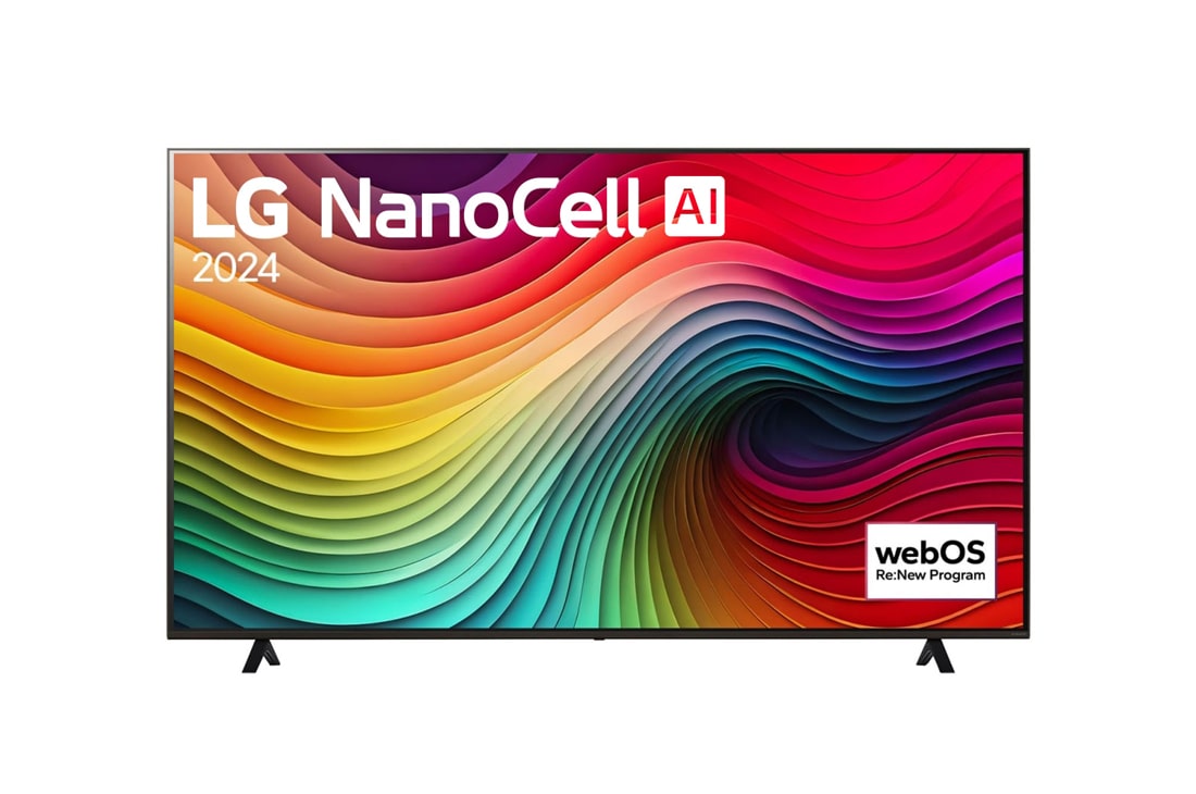 LG 75 colių LG NanoCell AI 4K išmanusis TV NANO82 WebOS24 2024, LG NanoCell TV vaizdas iš priekio, NANO80 su tekstu LG NanoCell, 2024, ir „webOS Re:New Program“ logotipas ekrane, 75NANO82T3B