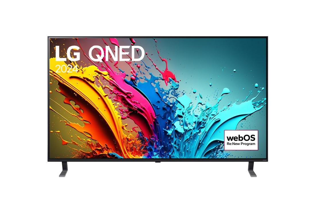 LG 55 colių LG QNED QNED85 4K išmanusis TV 2024, LG QNED TV vaizdas iš priekio, QNED85 su tekstu LG QNED, 2024, ir „webOS Re:New Program“ logotipas ekrane, 55QNED85T3C