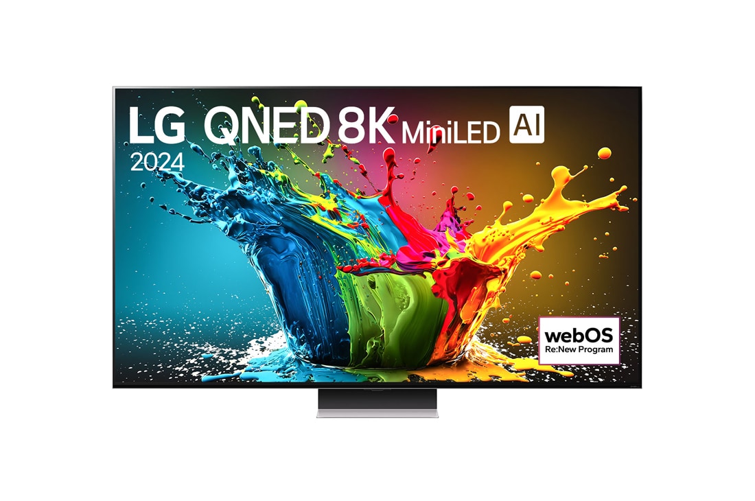 LG 86 colių LG QNED MiniLED AI 8K išmanusis TV QNED99 WebOS24 2024, LG QNED TV vaizdas iš priekio, QNED99 su tekstu LG QNED 8K MiniLED, 2025, ir „webOS Re:New Program“ logotipas ekrane, 86QNED99T9B