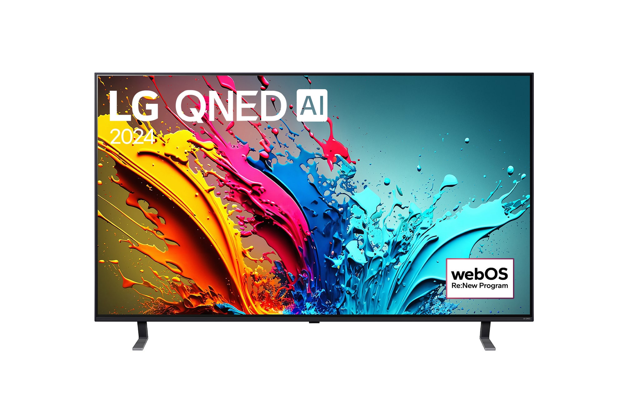 LG 86 colių LG QNED AI 4K išmanusis TV QNED85 WebOS24 2024, LG QNED TV vaizdas iš priekio, QNED85 su tekstu LG QNED, 2024, ir „webOS Re:New Program“ logotipas ekrane, 86QNED85T3C