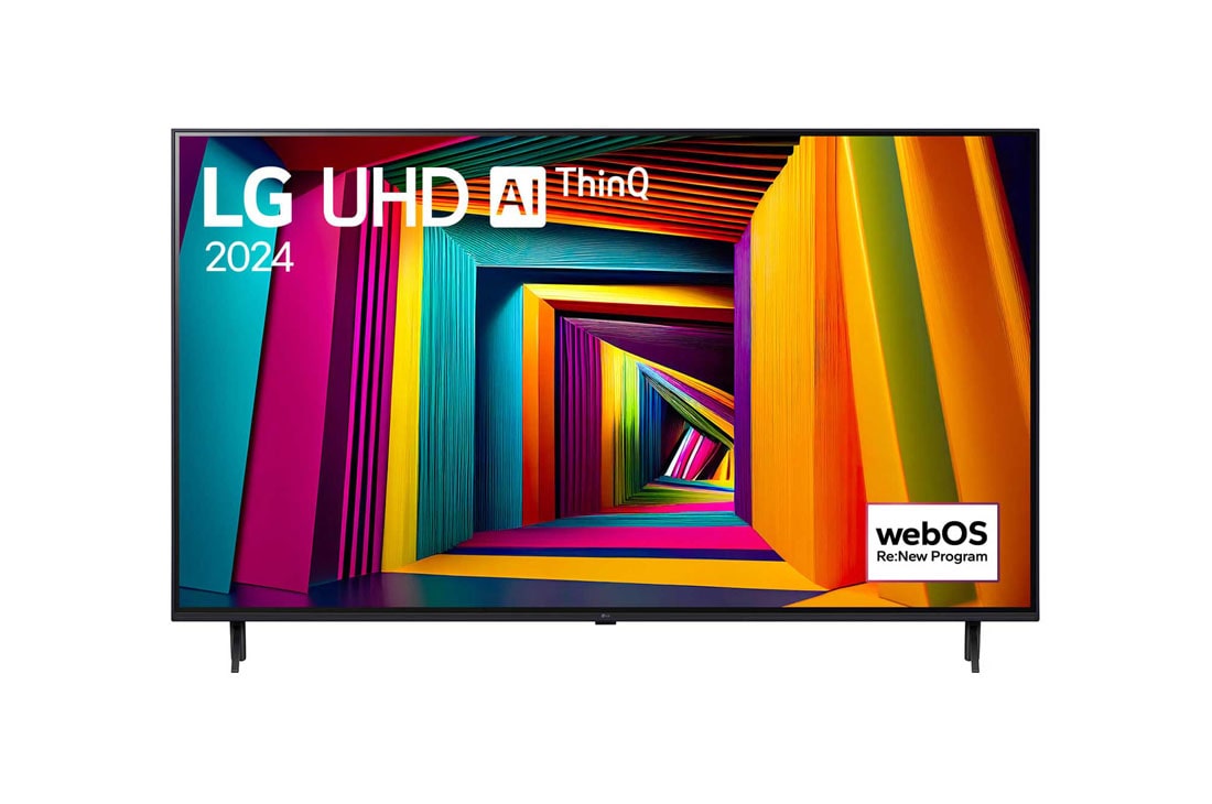 LG 43 colių LG UHD UT91 4K išmanusis TV 2024, LG UHD TV vaizdas iš priekio, UT73 su tekstu LG UHD AI ThinQ, 2024, ir „webOS Re:New Program“ logotipas ekrane, 43UT91003LA