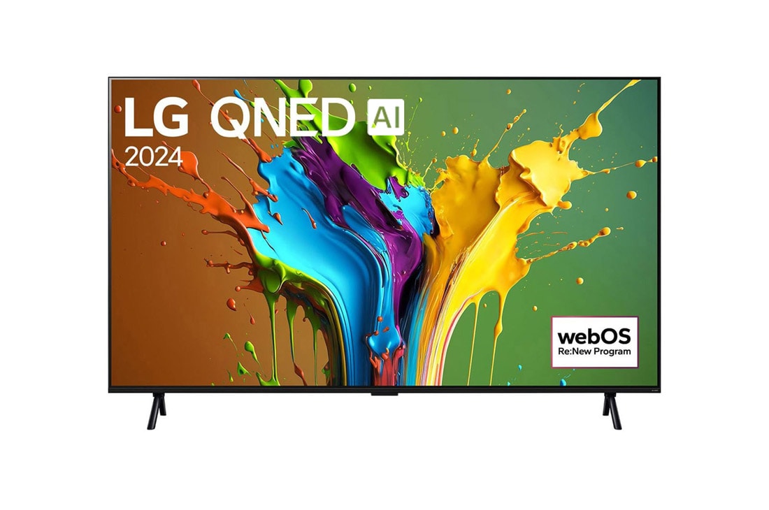 LG 98 colių LG QNED AI 4K išmanusis TV QNED89 WebOS24 2024, LG QNED TV vaizdas iš priekio, QNED89 su tekstu LG QNED MiniLED, 2024, ir „webOS Re:New Program“ logotipas ekrane, 98QNED89T6A