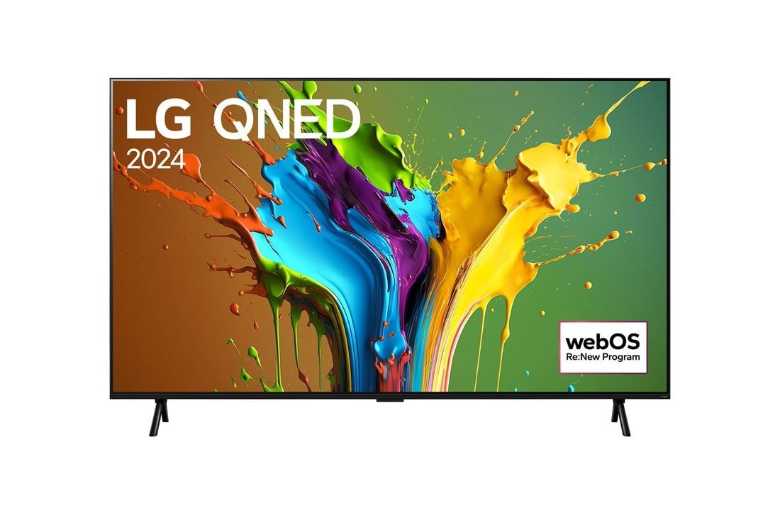 LG 98 in LG QNED QNED89 4K išmanusis TV 2024, LG QNED TV vaizdas iš priekio, QNED89 su tekstu LG QNED MiniLED, 2024, ir „webOS Re:New Program“ logotipas ekrane, 98QNED89T6A