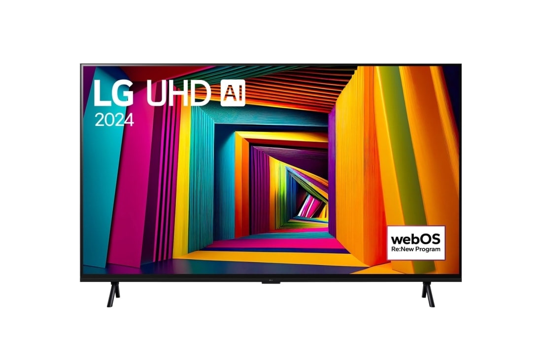 LG 98 colių LG UHD AI 4K išmanusis TV UT91 WebOS24 2024, LG UHD TV vaizdas iš priekio, 98UT90 su tekstu LG UHD AI, 2024, ir „webOS Re:New Program“ logotipas ekrane, 98UT91006LA