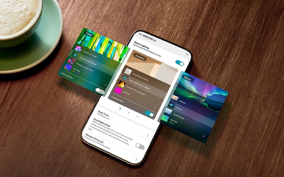 LG XBOOM 360 XBOOM app 9 colour options with mood lighting