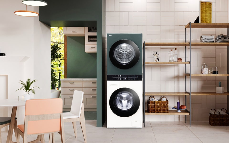 LG vartotojo gyvenamoji erdvė su skalbimo mašina / džiovykle, interjero dizaino inscenizacijos patalpa
