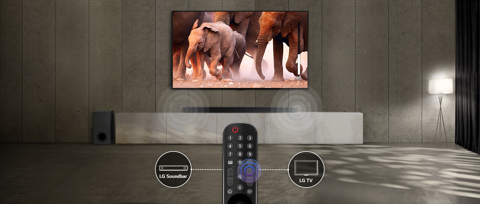 Klusināti apgaismotā telpā televizorā attēlota ziloņu svīta. Skaļrunī zem televizora vizualizēts skaņas efekts. Attēla apakšā ir televizora tālvadības pults, kuras abas malas savieno skaļruni un TV ikonu.