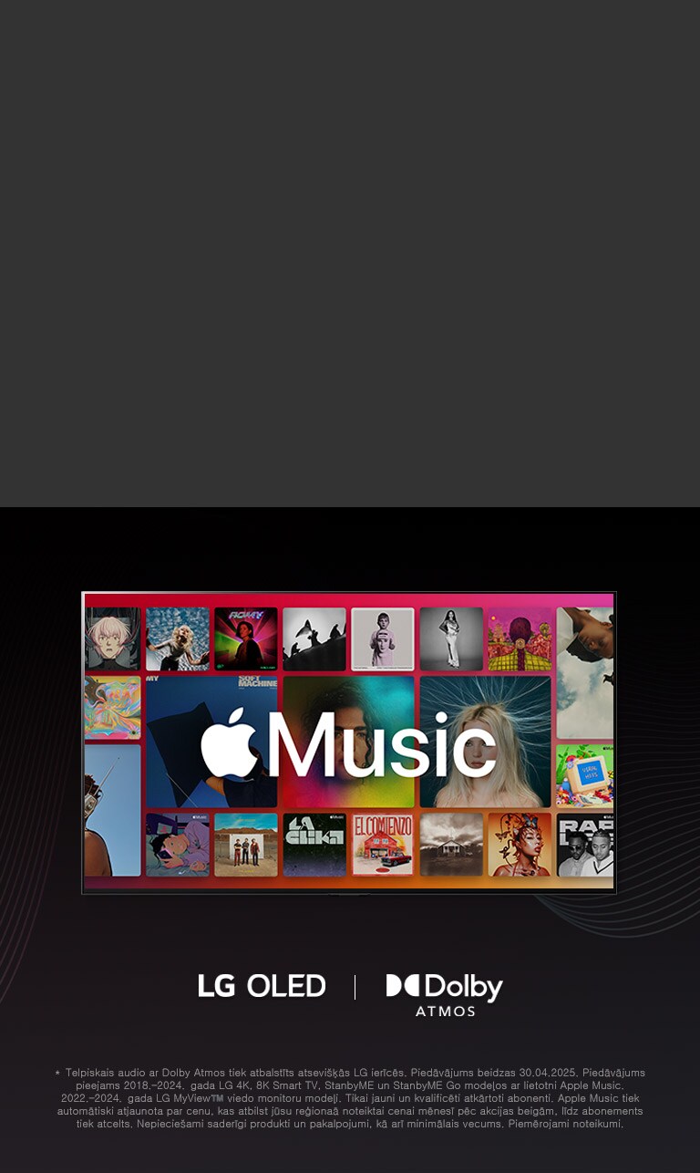 Albumu režģa izkārtojums ar pārklātu Apple Music logotipu, ar LG OLED un Dolby Atmos logotipu zemāk.