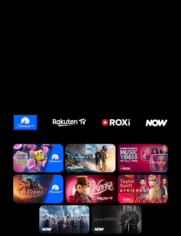 Paramount+, Rakuten TV, ROXi un Now logotipi tiek rādīti pēc kārtas. Zem tiem ir ekskluzīvu seriālu un filmu plakāti.