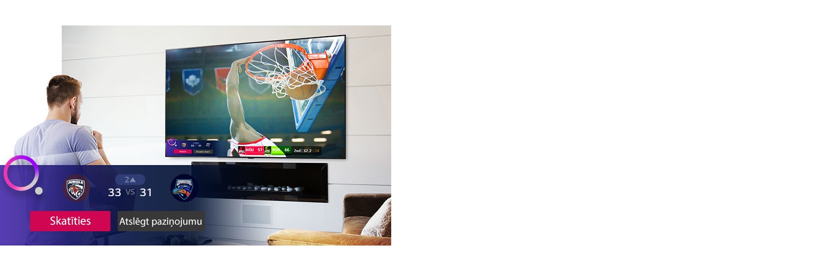 Lo schermo TV mostra una scena di una partita di basket e un promemoria sportivo