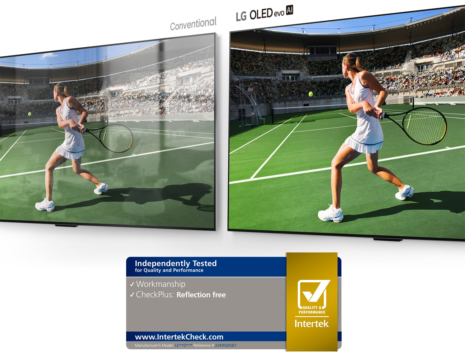Kreisajā pusē parasts TV, kurā redzams tenisists stadionā ar telpas atspoguļojumu ekrānā. Labajā pusē LG OLED evo AI G4 parāda tādu pašu tenisa spēlētāja attēlu stadionā bez telpas atstarošanas, un attēls izskatās gaišāks un krāsaināks.