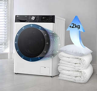 Segas un spilveni atrodas blakus veļas mazgājamajai mašīnai, un bulta uz spilvena norāda 2 kg ietilpības palielinājumu.