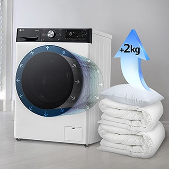 Segas un spilveni atrodas blakus veļas mazgājamajai mašīnai, un bulta uz spilvena norāda 2 kg ietilpības palielinājumu.