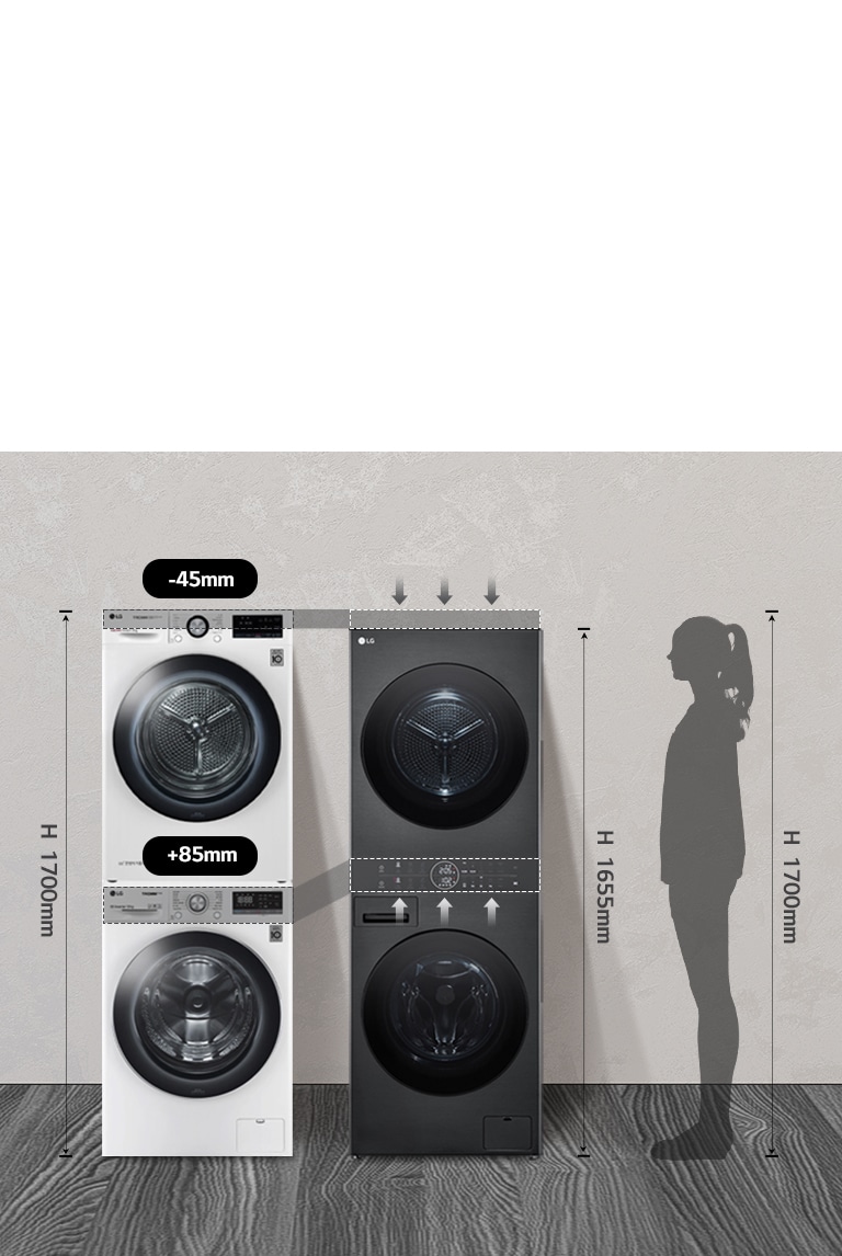 Washtower is placed with stacked washer and dryer and highlights 45mm lower height and 85mm higher control panel.