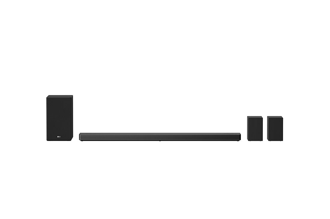 LG 7.1.4 kanālu SoundBar audio sistēma ar Dolby Atmos un 770W audio izvadi, skats no priekšpuses ar zemo frekvenču pastiprinātāju un aizmugures uz augšu vērstu skaļruni, SN11R