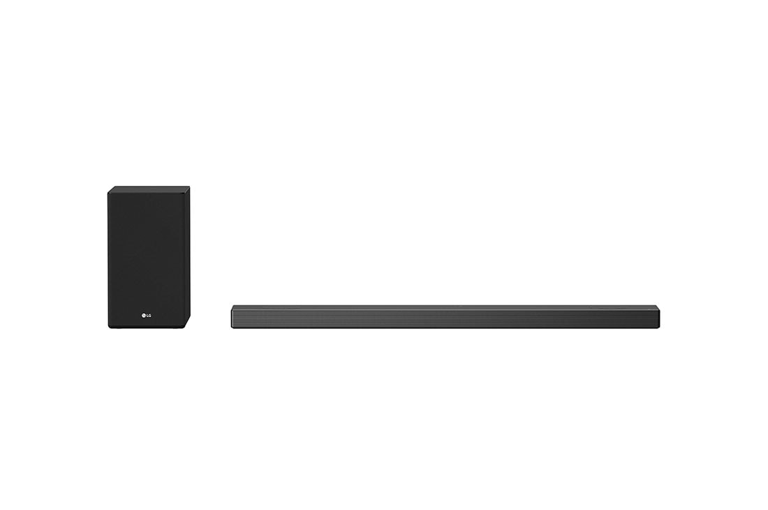 LG 5.1.2 kanālu SoundBar audio sistēma ar Dolby Atmos un 520W audio izvadi, skats no priekšpuses ar zemo frekvenču pastiprinātāju, SN9Y