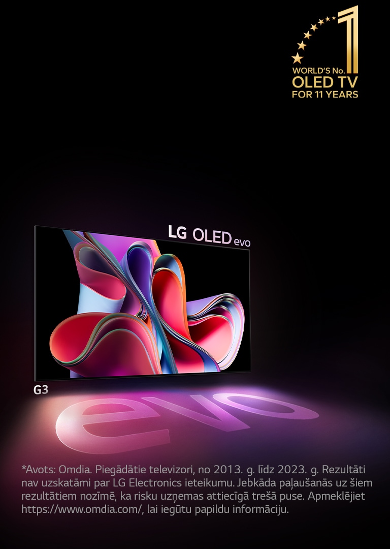 LG OLED G3 uz melna fona ar spilgti rozā un violetas krāsas abstraktu mākslas objektu. Attēla augšējā kreisajā stūrī redzama "11 Years World's No.1 OLED TV" emblēma. 