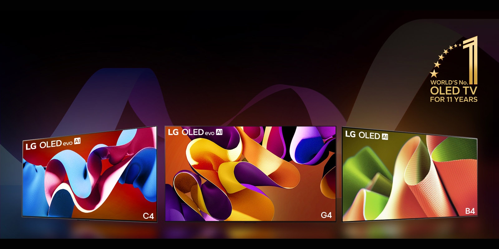 LG OLED evo televizori C4, evo G4 un B4 rindā uz melna fona ar krāsainiem apļveida rakstiem. Attēlā parādīta "World's number 1 OLED TV for 11 Years" emblēma.  Atruna: "Avots: Omdia. Piegādātie televizori, no 2013. g. līdz 2023. g. Rezultāti nav uzskatāmi par LG Electronics ieteikumu. Jebkāda paļaušanās uz šiem rezultātiem nozīmē, ka risku uzņemas attiecīgā trešā puse. Apmeklējiet https://www.omdia.com/, lai iegūtu papildu informāciju."