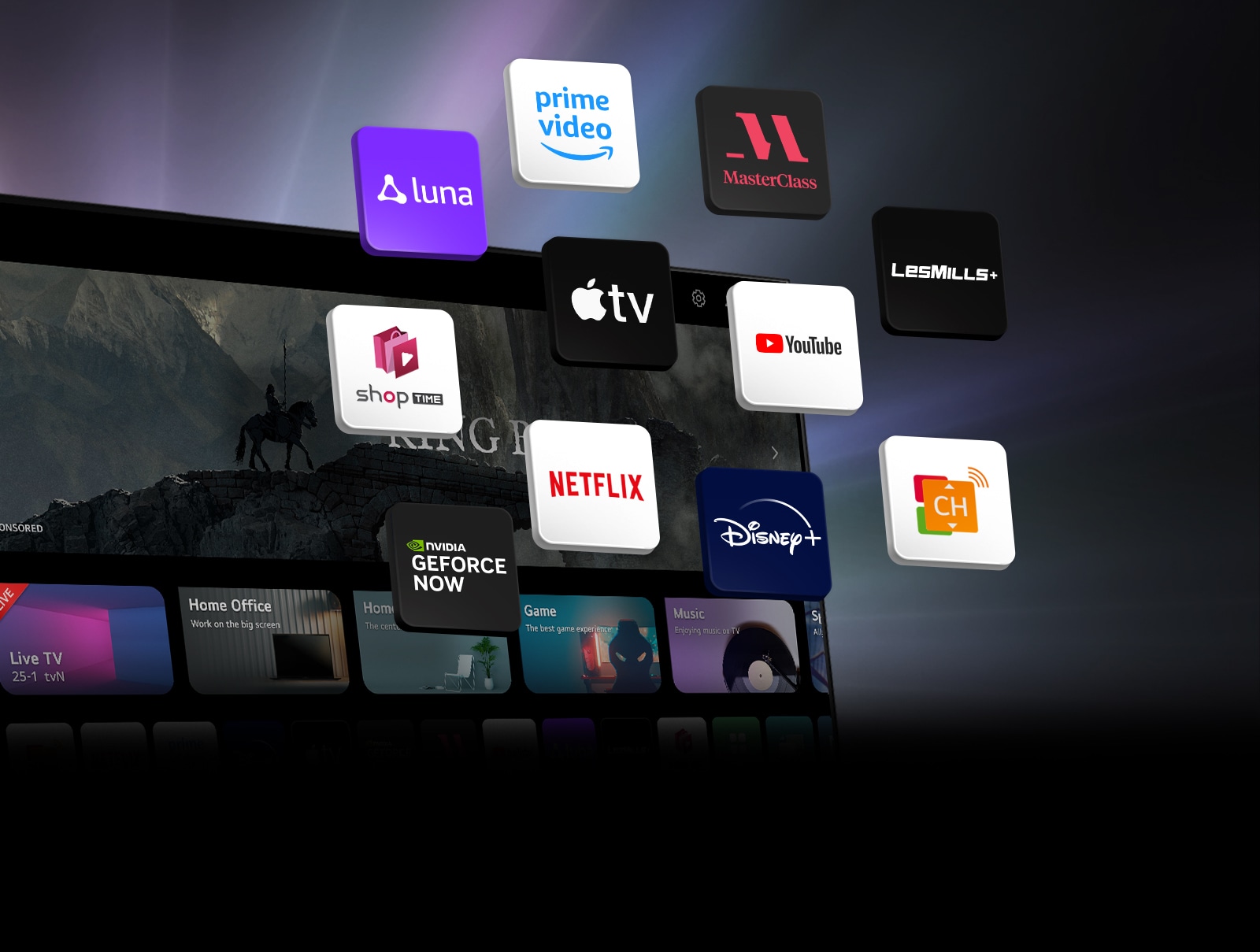 Fonā ir LG TV webOS un virs tā peld 11 bloki. Katram blokam ir logo attēls: Luna, Prime Video, Master Class, Les Mills, YouTube, Apple TV plus, Shoptime, Netflix, Disney plus, GeForce NOW, un LG Channels.