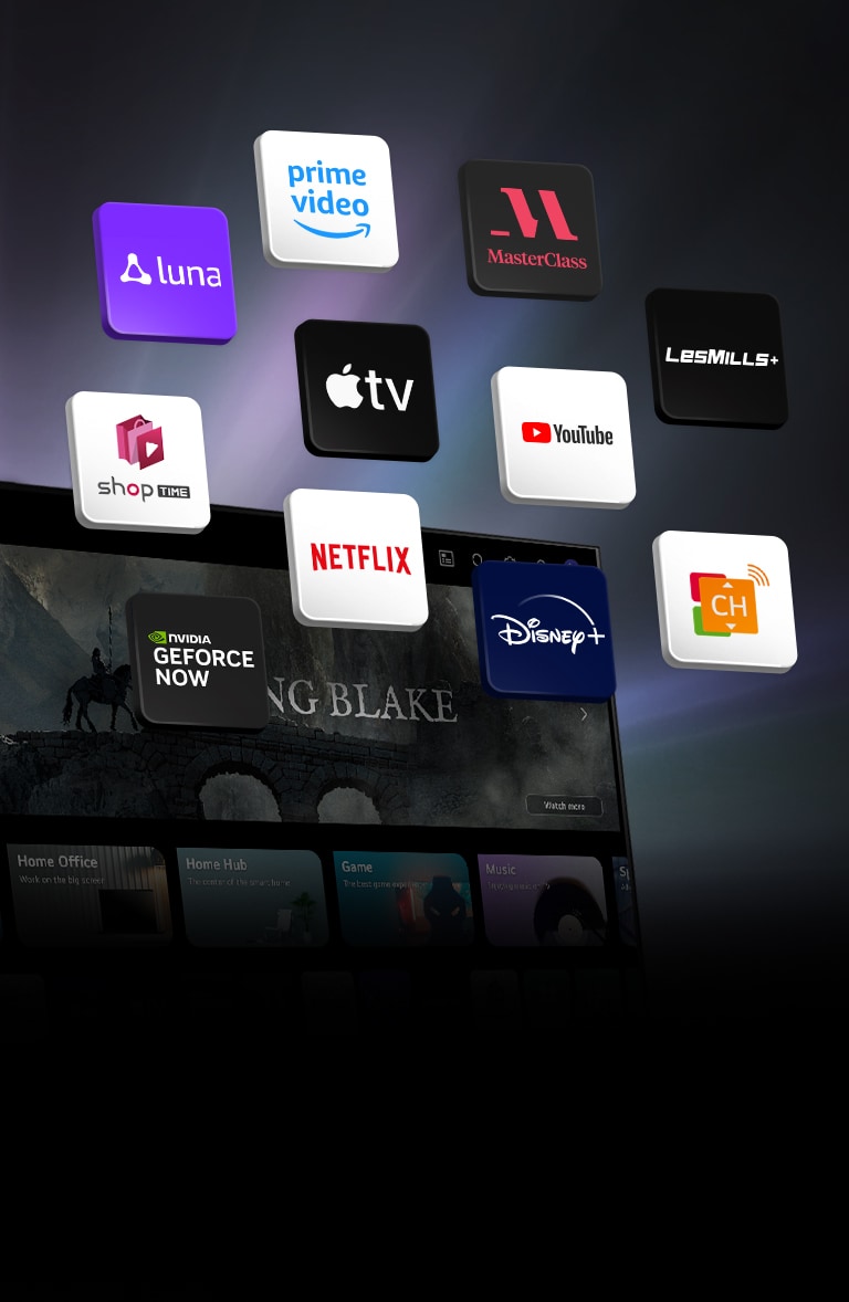 Fonā ir LG TV webOS un virs tā peld 11 bloki. Katram blokam ir logo attēls: Luna, Prime Video, Master Class, Les Mills, YouTube, Apple TV plus, Shoptime, Netflix, Disney plus, GeForce NOW, un LG Channels.