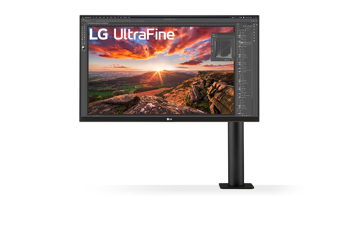 LG 27 collu Ergo UHD 4K monitors, Skats no priekšpuses ar monitora kronšteinu labajā pusē, 27UN880P-B
