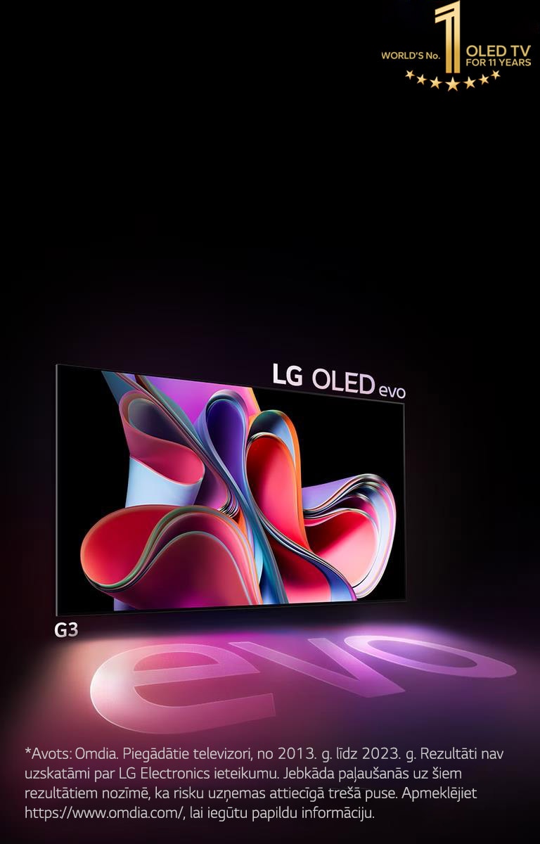 LG OLED G3 uz melna fona ar spilgti rozā un violetas krāsas abstraktu mākslas objektu. Attēla augšējā kreisajā stūrī redzama "10 Years World's No.1 OLED TV" emblēma. 