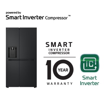 Produkta attēls ar Smart Inverter Compressor™ logotipu un 10 gadu garantijas logotipu.