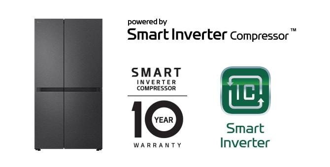 Produkta attēls ar Smart Inverter Compressor™ logotipu un 10 gadu garantijas logotipu.