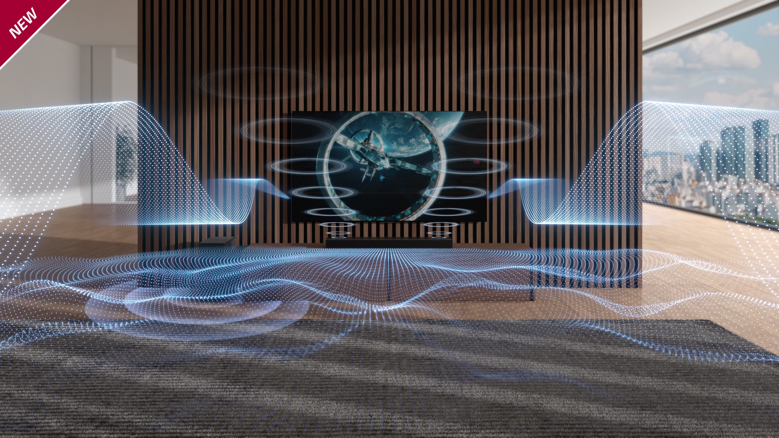 Different shaped sound waves in blue are played from the Sound Bar and TV. The "New" label is visible in the upper left corner.