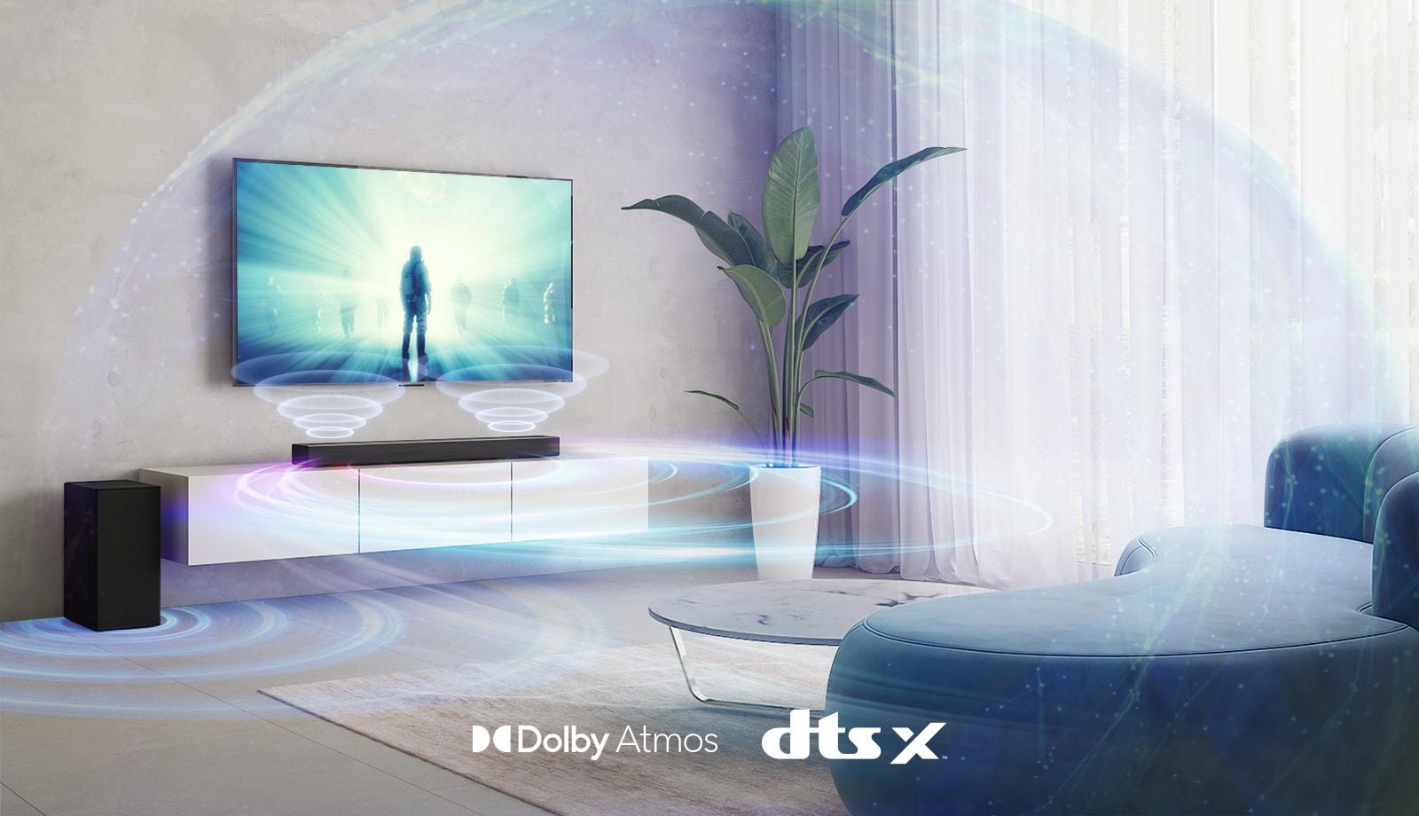 An LG TV can be seen on the wall in the living room. A movie is playing on the TV screen. An LG soundbar sits just below the TV set on a beige shelf; on the left is the rear speaker. The Dolby Atmos and DTS:X logos are visible at the bottom center of the image.