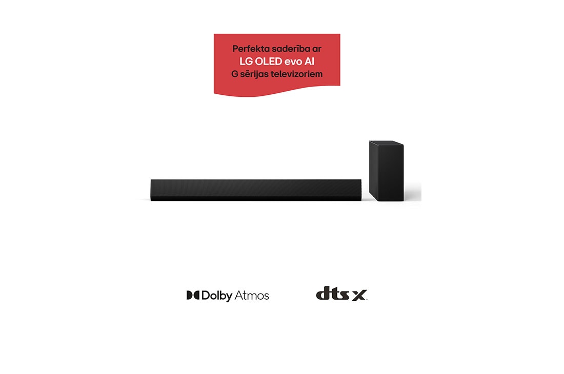 LG 420W, 3.1 kanālu LG Soundbar skaņas sistēma SG10TY ar Dolby Atmos, perfekti sader ar LG OLED evo AI G sērijas TV, LG Soundbar SG10TY un pastiprinātājs no priekšpuses, SG10TY