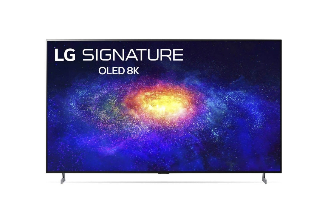 LG 77 collu OLED 8K televizors, skats no priekšpuses ar aizpildošo attēlu, OLED77ZX9LA