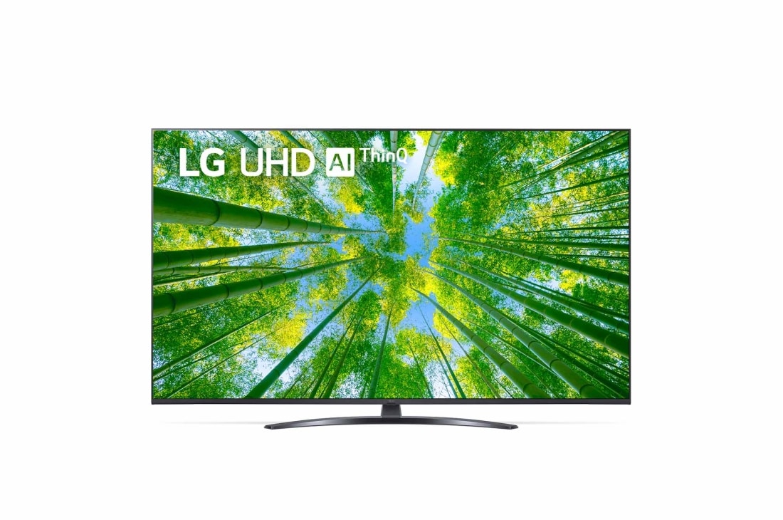 LG 50 collu UHD 4K televizors 50UQ8100, Skats no priekšpuses uz LG UHD televizoru ar aizpildošo attēlu un produkta logotipu , 50UQ81003LB