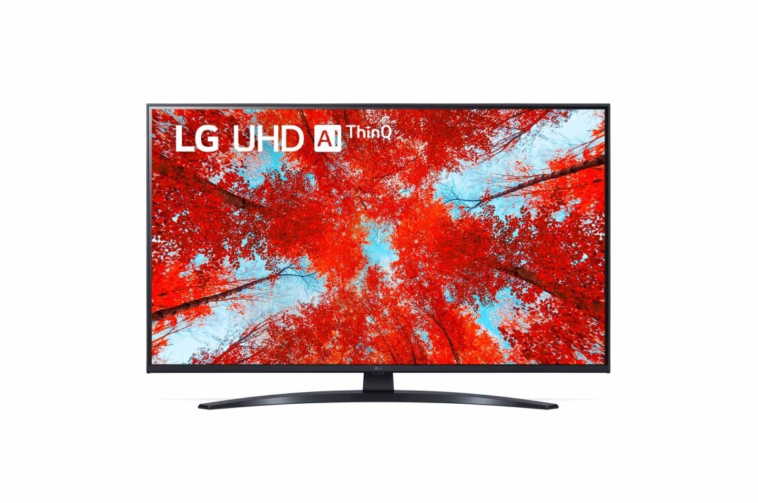 LG 43 collu UHD 4K televizors 43UQ9100, Skats no priekšpuses uz LG UHD televizoru ar aizpildošo attēlu un produkta logotipu, 43UQ91003LA