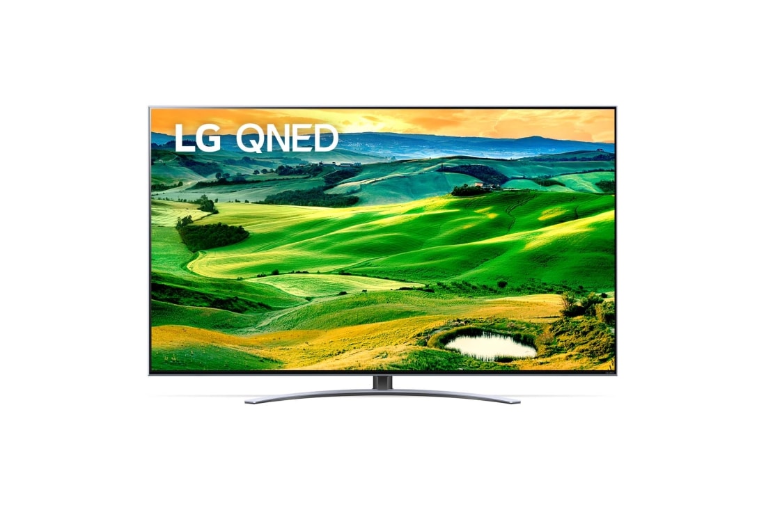 LG 75 collu QNED 4K televizors, Skats no priekšpuses uz LG QNED TV ar aizpildošo attēlu un produkta logotipu, 75QNED823QB