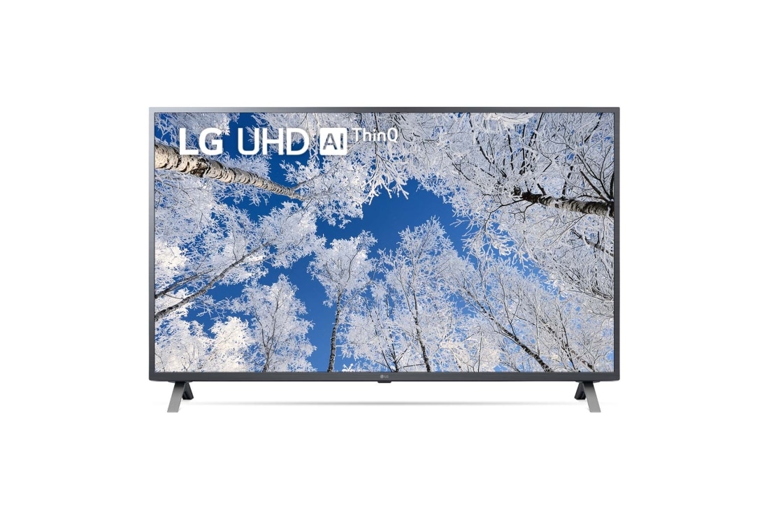 LG 65 collu UHD 4K televizors 65UQ7000, Skats no priekšpuses uz LG UHD televizoru ar aizpildošo attēlu un produkta logotipu, 65UQ70003LB