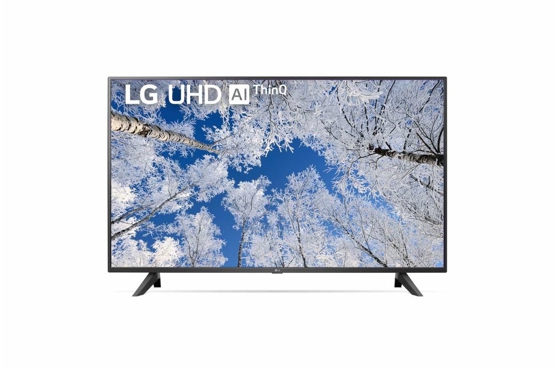 LG 43 collu UHD 4K televizors 43UQ7000, Skats no priekšpuses uz LG UHD televizoru ar aizpildošo attēlu un produkta logotipu, 43UQ70003LB