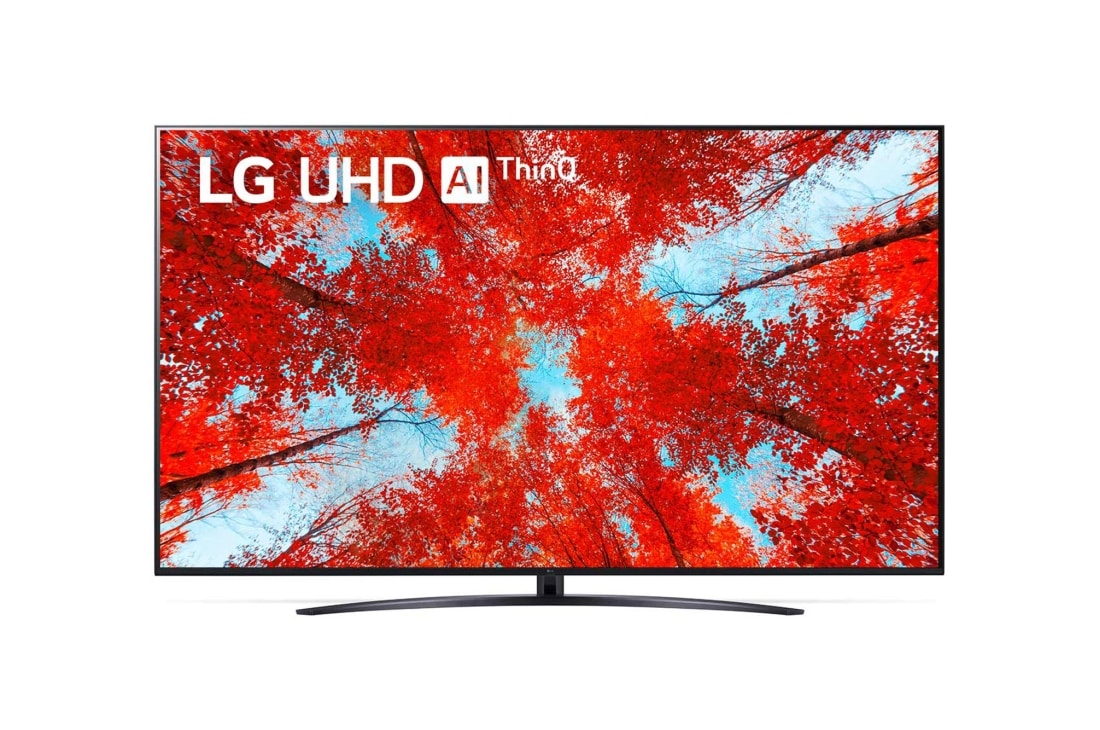 LG 75 collu UHD 4K televizors 75UQ9100, Skats no priekšpuses uz LG UHD televizoru ar aizpildošo attēlu un produkta logotipu , 75UQ91003LA
