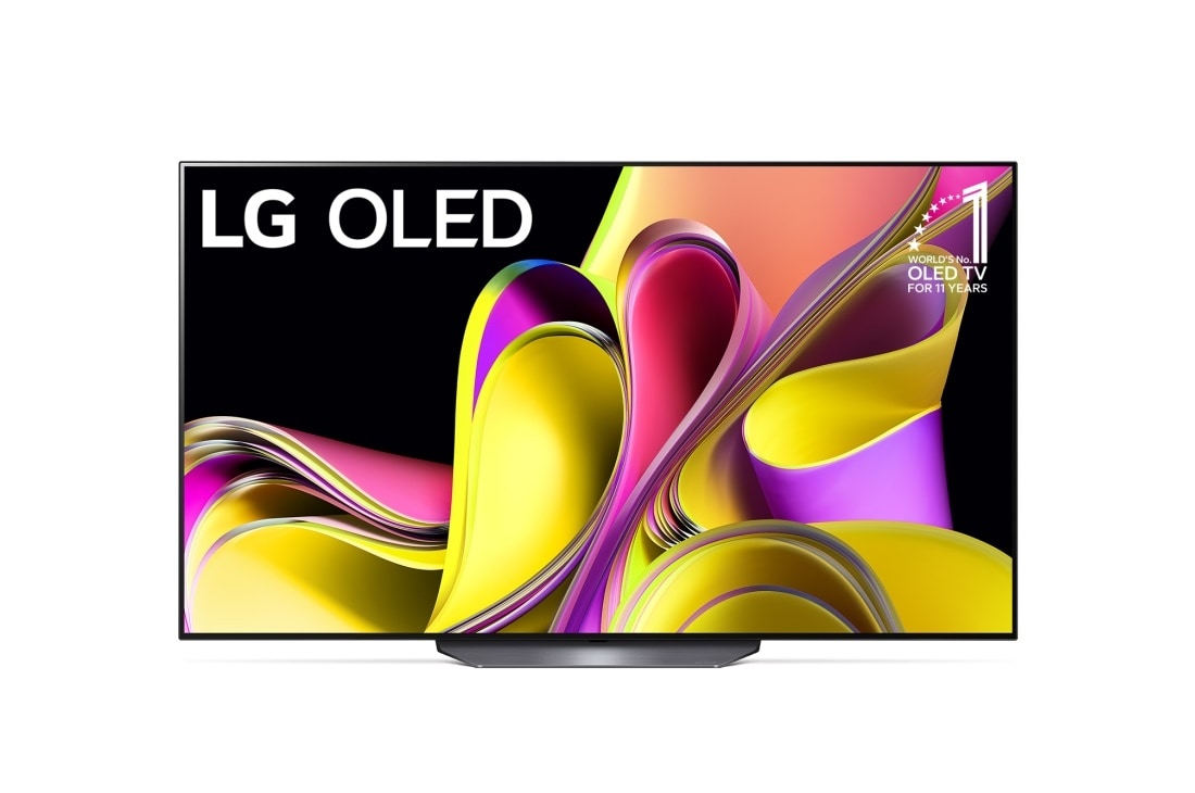 LG OLED B3 65 collu 4K Smart TV 2023, Skats no priekšpuses ar LG OLED un «10 Years World No.1 OLED» emblēmu., OLED65B33LA