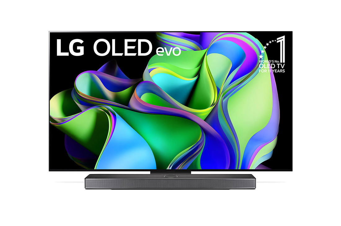 LG OLED evo C3 65 collu 4K Smart TV 2023, Skats no priekšpuses uz ekrānā redzamu LG OLED 10 evo un «Years World No.1 OLED» emblēmu, kā arī zemāk esošu Soundbar. , OLED65C32LA
