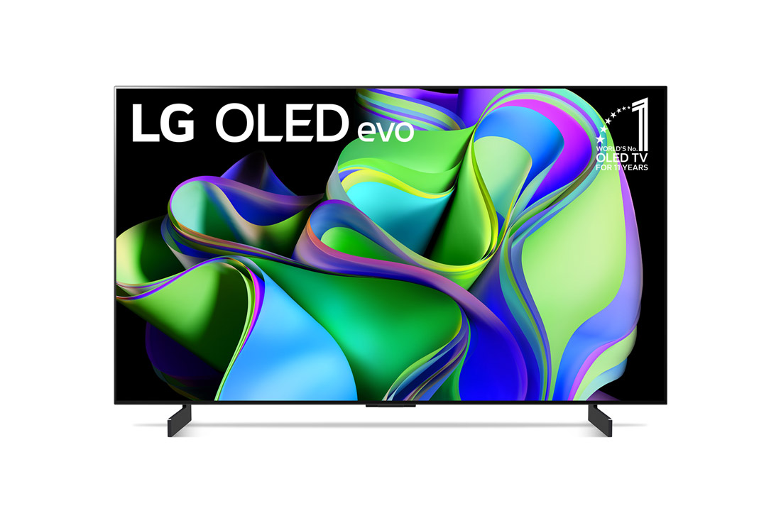 LG OLED evo C3 42 collu 4K Smart TV 2023, Skats no priekšpuses ar LG OLED evo un ekrānā redzamu «11 Years World No.1 OLED» emblēmu., OLED42C32LA
