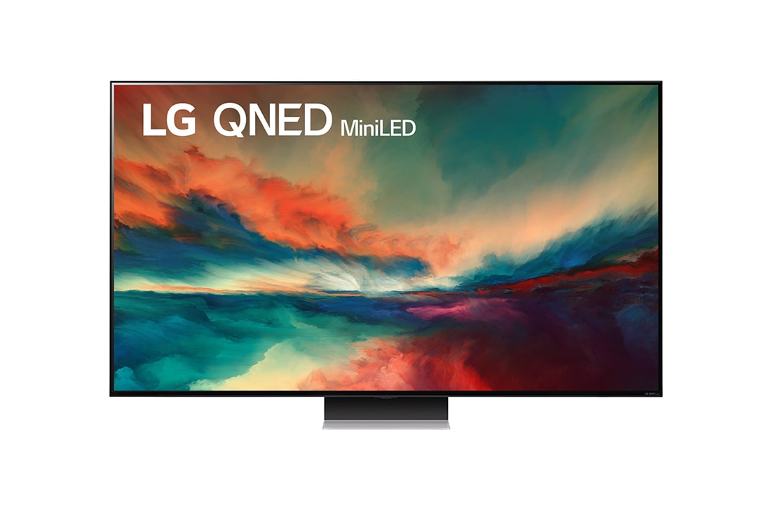 LG QNED Mini LED 86 65 collu 4K Smart TV, 2023, Skats no priekšpuses uz LG QNED televizoru ar aizpildošo attēlu un produkta logotipu, 65QNED863RE