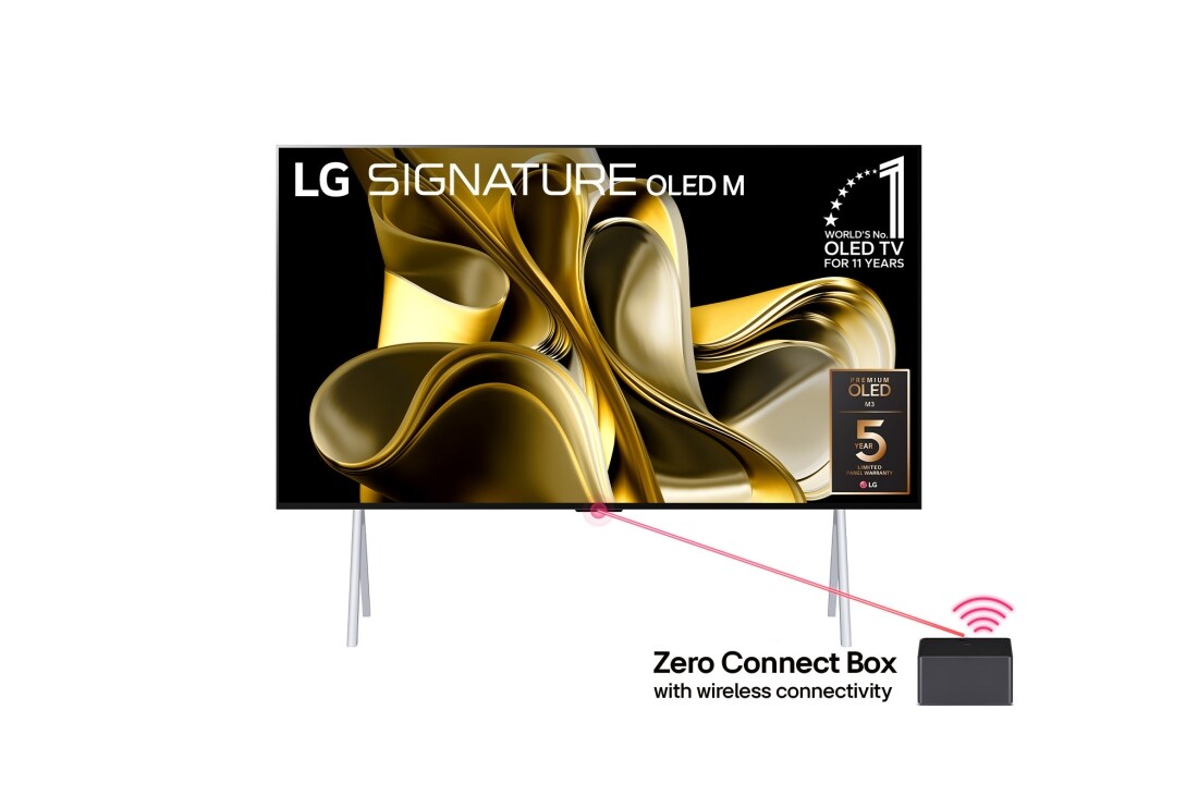 LG 97 collu LG SIGNATURE OLED M3 4K Smart TV ar bezvadu video un audio pārsūtīšanu, Skats no priekšas ar LG OLED M3 un Zero Connect Box apakšā, emblēmu „10 gadus Nr.1 OLED pasaulē”, LG OLED evo un 5 gadu paneļu garantijas logotipu ekrānā, OLED97M39LA