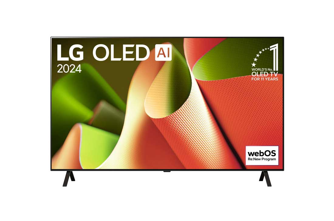 LG 65 collu LG OLED AI B4 4K viedtelevizors OLED65B4, Priekšējais skats ar LG OLED TV, OLED AI B4, 11 gadu pasaules Nr. 1 OLED TV emblēma un webOS Re:New Program logotips ekrānā ar 2 kāju statīvu, OLED65B42LA