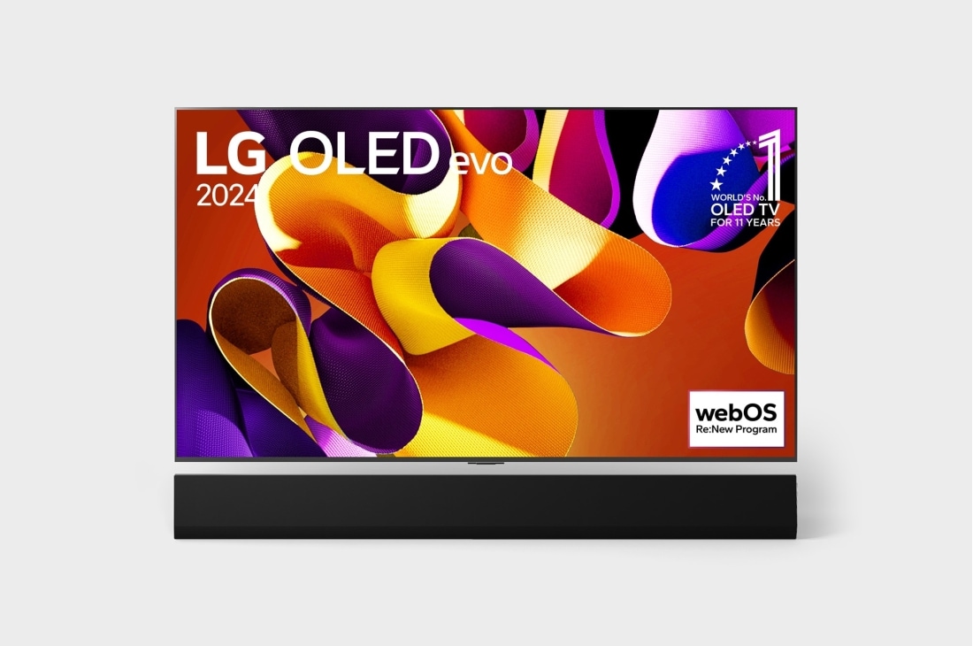 LG 97 collu LG OLED evo G4 4K viedtelevizors OLED97G4, Priekšējais skats ar LG OLED evo televizoru, OLED G4, 11 gadu pasaules Nr. 1 OLED televizora emblēma un 5 gadu paneļa garantijas logotips ekrānā, kā arī skaļrunis apakšā, OLED97G42LW