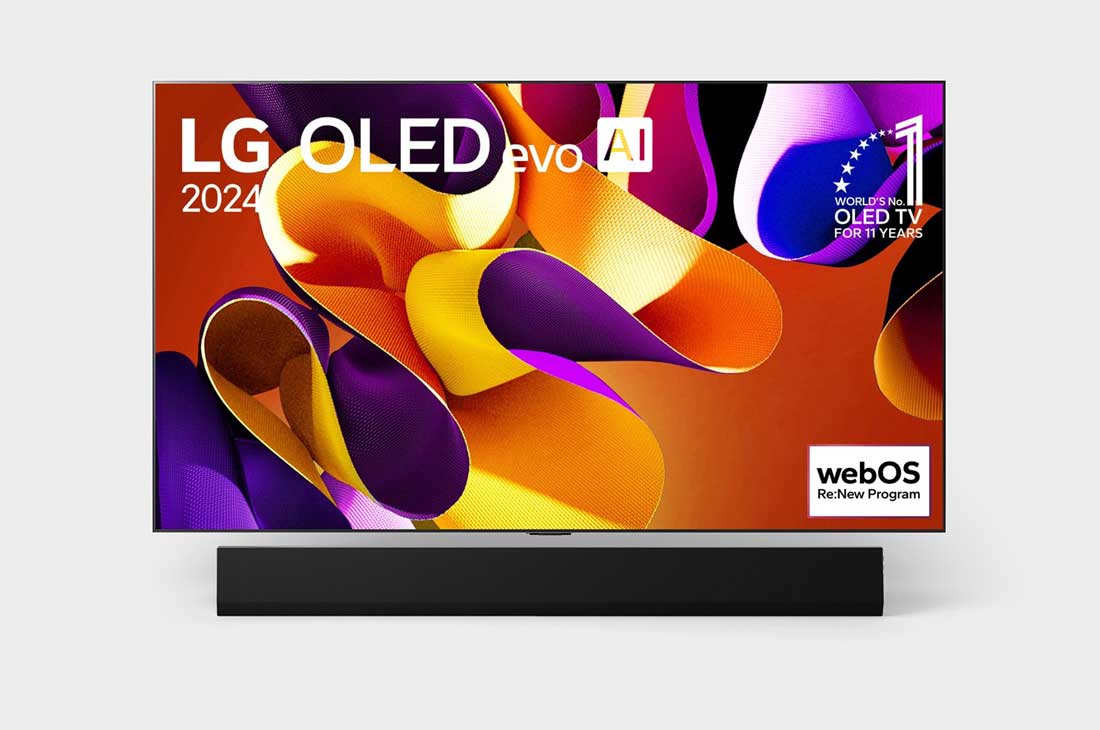 LG 77 collu LG OLED evo AI G4 4K viedtelevizors OLED77G4, Priekšējais skats ar LG OLED evo AI TV, OLED G4, 11 gadu pasaules Nr. 1 OLED TV emblēma un webOS Re:New Program logotips ekrānā, kā arī Soundbar apakšā, OLED77G42LW