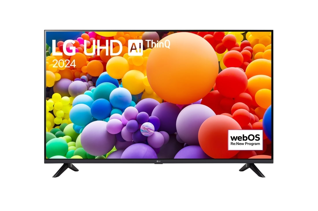 LG 43 collu LG UHD UT73 4K Smart TV 2024, LG UHD TV, UT73 priekšējais skats ar LG UHD AI ThinQ, 2024 tekstu un webOS Re:New Program logotipu ekrānā, 43UT73003LA