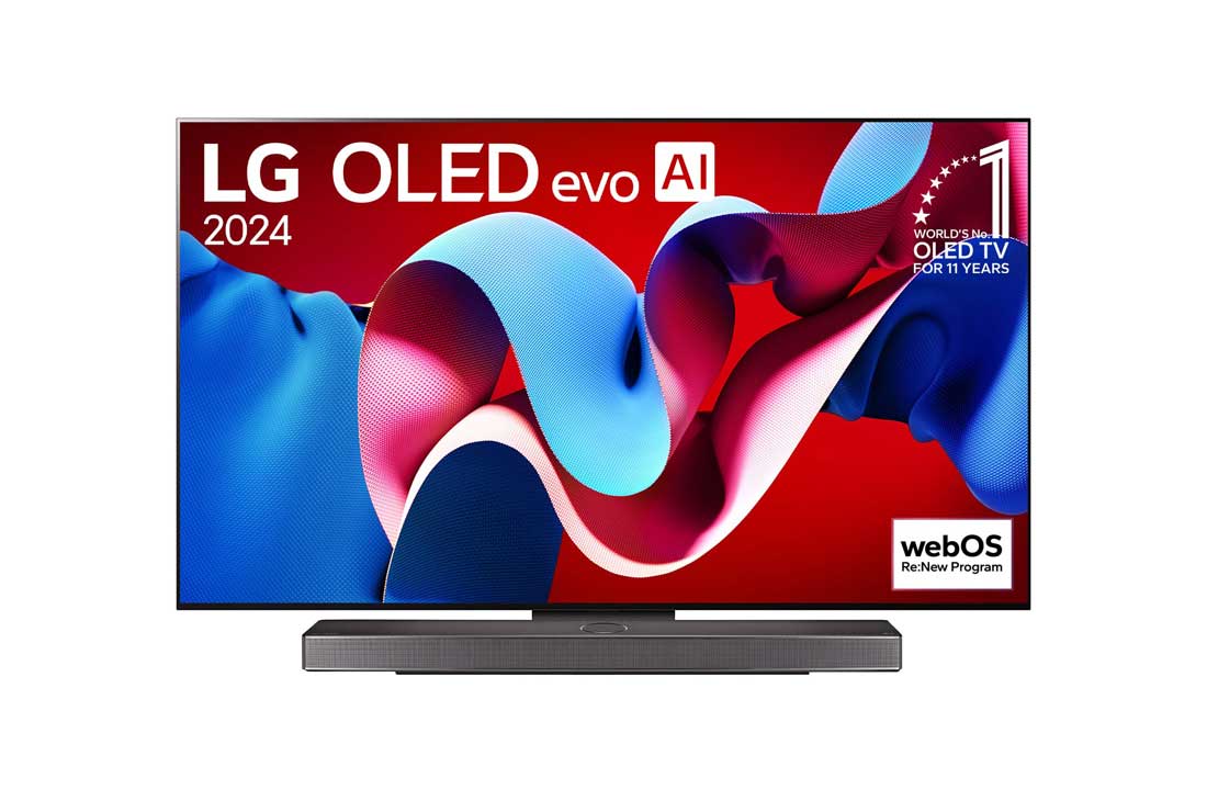 LG 65 collu LG OLED evo AI C4 4K viedtelevizors OLED65C4 WebOS24 2024, Priekšējais skats ar LG OLED evo AI TV, OLED C4, 11 gadu pasaules Nr. 1 OLED TV emblēmas logotips un webOS Re:New Program logotips ekrānā, kā arī Soundbar apakšā, OLED65C41LA